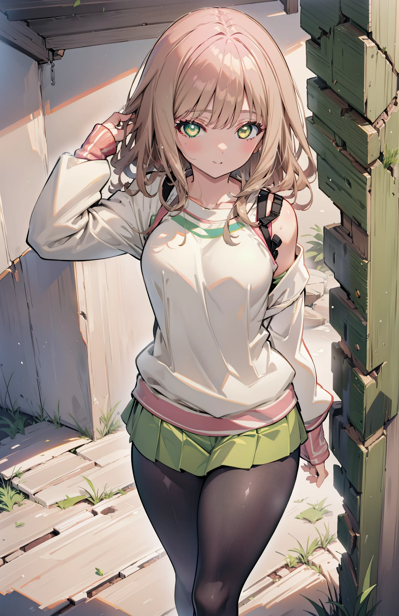 minami yume ,sss Dynazenon ,length, Thick braids, Brown Hair, smile,blush,(Green Eyes:1.5) ,Mid-chest,hair band,One-shoulder sweater,length skirt,Black Pantyhose,short boots,walk,Daytime,sunny,whole bodyがイラストに入るように,
break looking at viewer, whole body,  
break outdoors, construction area,
break (masterpiece:1.2), Highest quality, High resolution, unity 8k wallpaper, (shape:0.8), (Beautiful and beautiful eyes:1.6), Highly detailed face, Perfect lighting, Highly detailed CG, (Perfect hands, Perfect Anatomy),