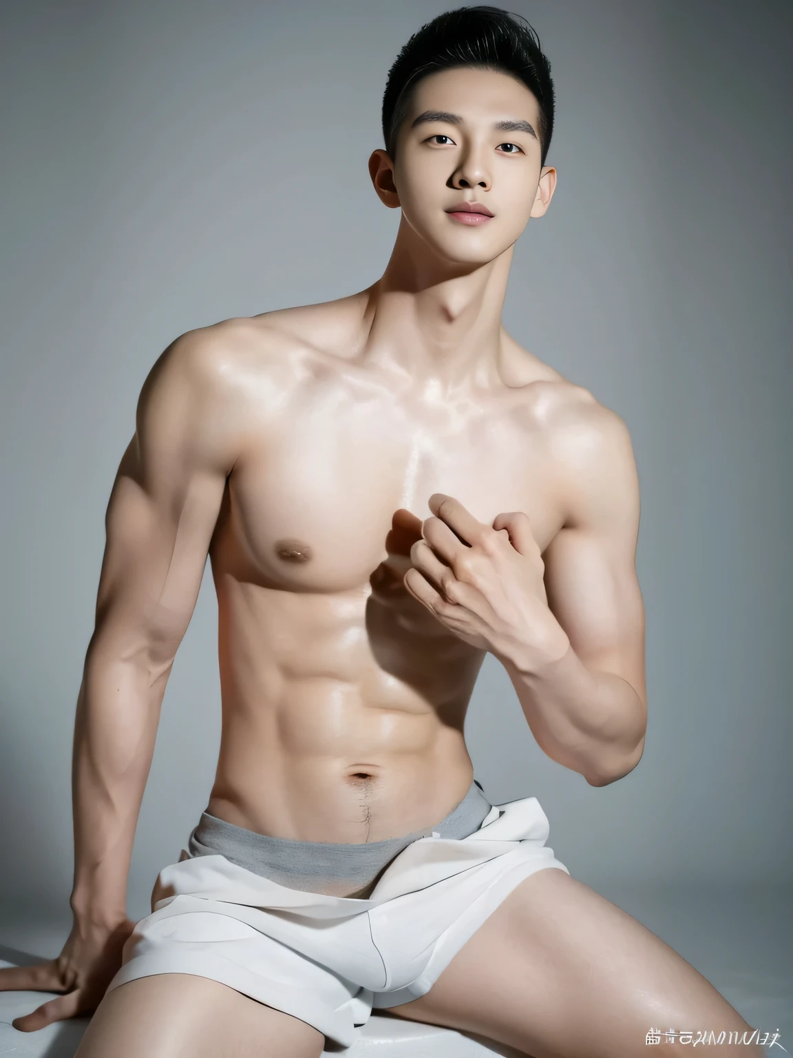 Japanese male model in a briefs, Full Body Shoot, Quiff haircut, look at camera, detailed facial parts, Manly, Charmer, Active Boy, stand in front of gray background, Freestyle Pose, Happy Expression, perfect anatomy, symmetric body, asian boy 19 years old, shirtless :: high detail, asian, a little six packs attractive body, realistic, human skin, Short Hairstyle, handsome chad chin, shirtless, handsome, attractive, masculine, sexually attractive, human skin, (eyes contact), Handsome, Attractive