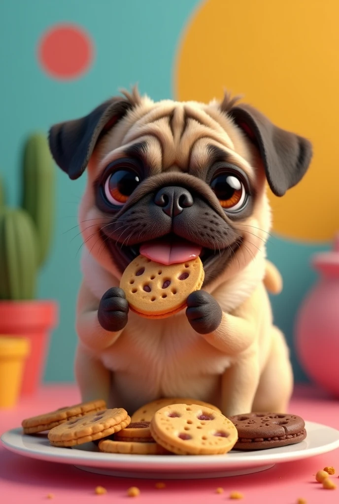 Create an animated female pug dog eating cookies that is colorful to promote a business