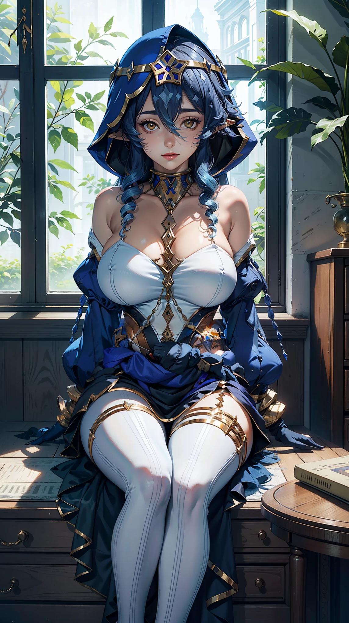 Solo,(layladef),masterpiece,huge breast, indoor, looking at viewer, detail eyes, detail face, (sitting), smile,(detailed face), dynamic view, full body