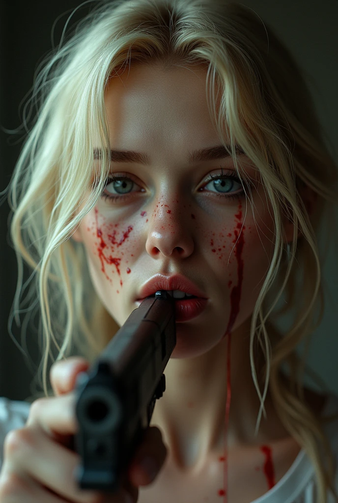 (photorealism:1.8), one beautiful Slavic blonde young girl with a gun on her head pulling the trigger… the bullet already entered in one side of her chin and is going outside from the other side of her head, there is blood an particles going out while it’s possible to see still live in her eyes. Her expression is beautiful and calm with big eyes open 