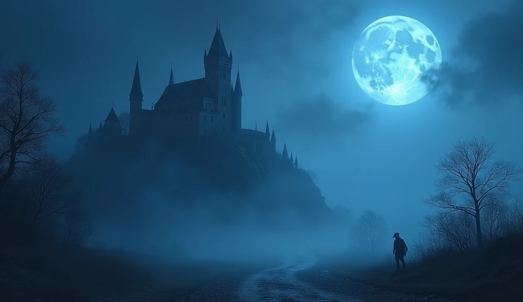Mysterious Fog, light particles, old castle, blue moon, wyvern,