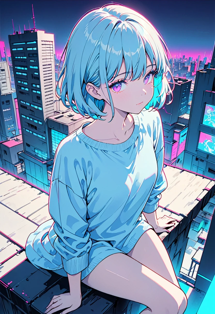masterpiece,Highest quality,1 Synthwave style girl,Blue outline,Neon lit street,Blue fluorescent paint,alone,From above,Cowboy Shot,Sitting on the roof of a building,Highly detailed CG,Flat Color,Limited edition palette,No Line Art,silhouette,Partially colored,Alternative color,Dynamic Angle,Blue long top champagne,Purple Shadow,Synthwave,chromatic aberration,(alone focus),Perfect Shadow,Completely naked,Delicate face,,Beautiful and delicate eyes,Light blue hair,Short Bob Hair,Delicate background,Blue Neon Light,