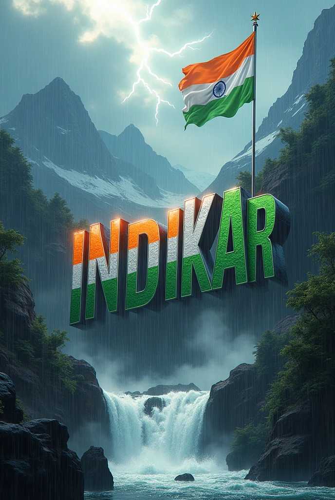 rounded Template, Indian flag colored "N B Shankar" letters, falls, mountains, rain fall, thundering, Flying Indian Flag