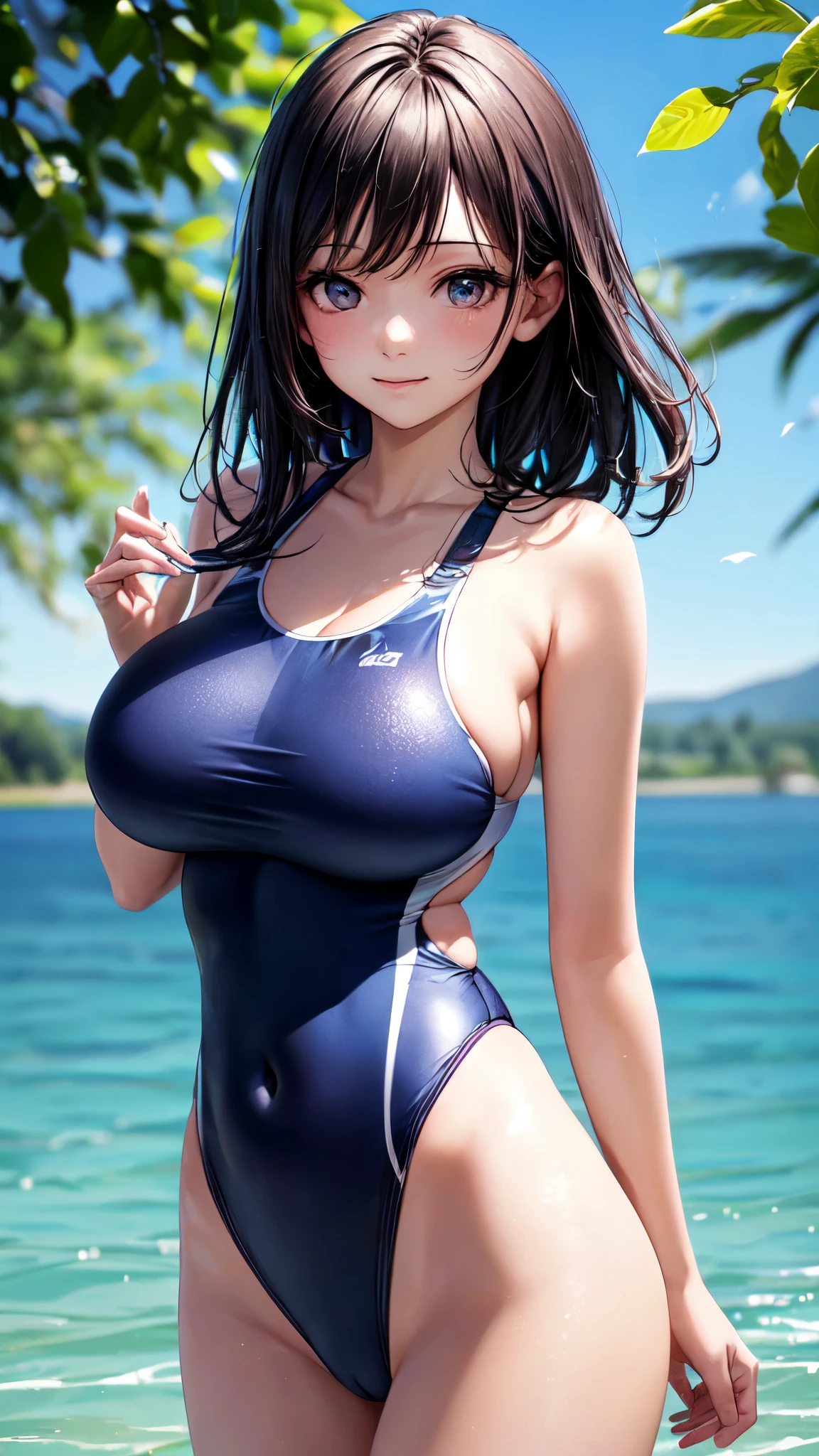 ((masterpiece,best quality,ultra detailed,high resolution)),(daytime,clear weather,bloom),((solo)),looking viewer,((beautiful-girl)),(black hair),(beautiful detailed face,beautiful detailed eyes),(finely detailed skin,fair skin),slender,light smile,shy,(one-piece competition swimsuit,navy swimsuit,impossible clothes),(on the beautiful lake,beautiful sky),((cowboy shot)),(big breast,perky breast,medium hip),(cameltoe),