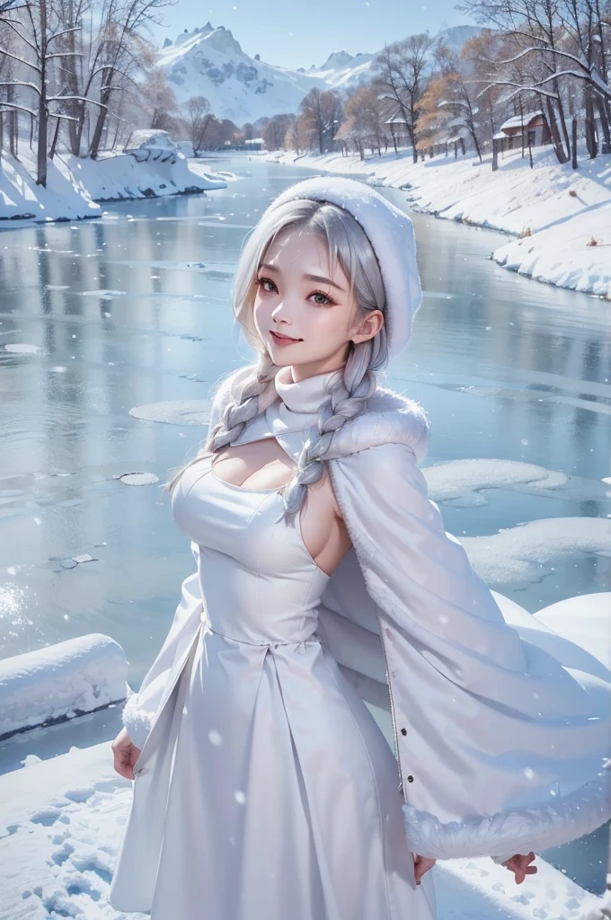 masterpiece、Highest quality、1 girl, winter, silver hair, Cute girl, smile, close mouse, large breasts, sideboob:1.4, white dress, winter clothes, long skirt, Fur coat、Small waist、Thin legs、outdoors, front of the lake, snow falling, Prayer Pose, join hands, from front
