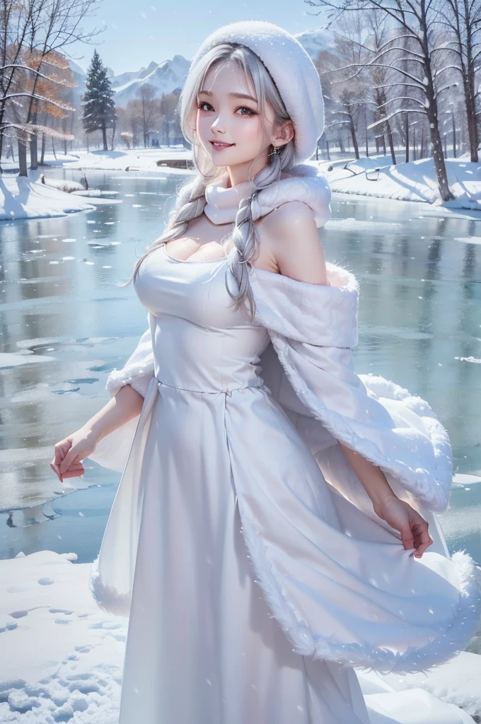 masterpiece、Highest quality、1 girl, winter, silver hair, Cute girl, smile, close mouse, large , sideboob:1.4, white dress, winter clothes, long skirt, Fur coat、Small waist、Thin legs、outdoors, front of the lake, snow falling, Prayer Pose, join hands, from front