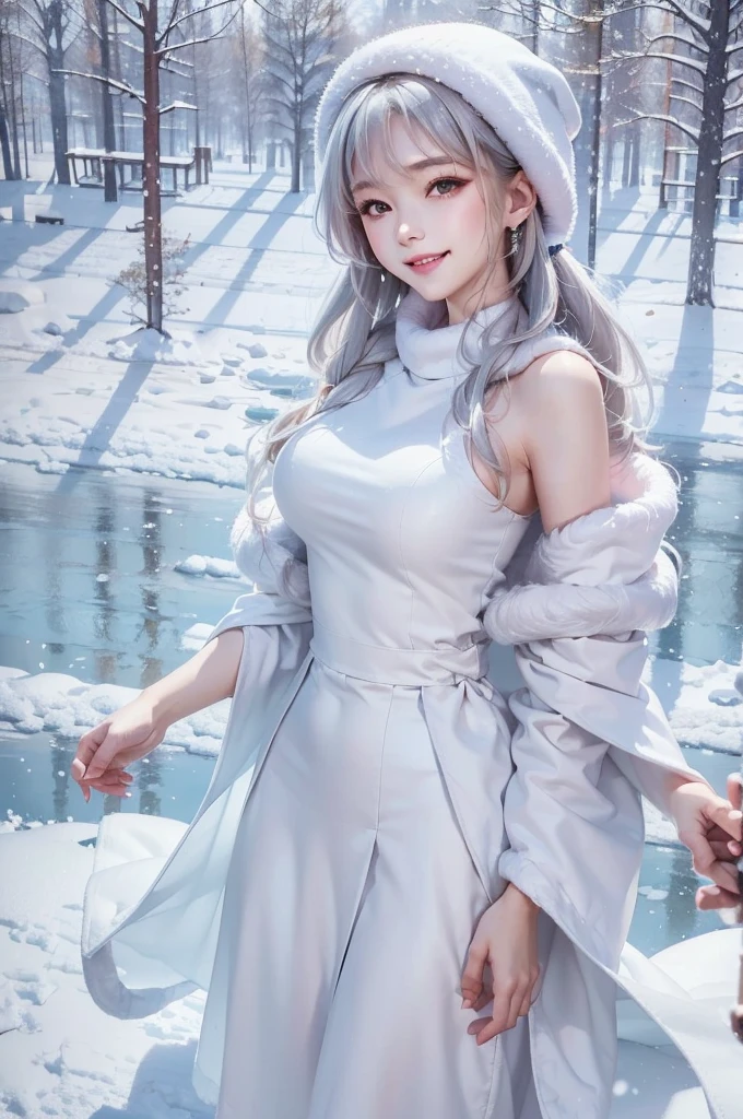 masterpiece、Highest quality、1 girl, winter, silver hair, Cute girl, smile, close mouse, large breasts, sideboob:1.4, white dress, winter clothes, long skirt, Fur coat、Small waist、Thin legs、outdoors, front of the lake, snow falling, Prayer Pose, join hands, from front