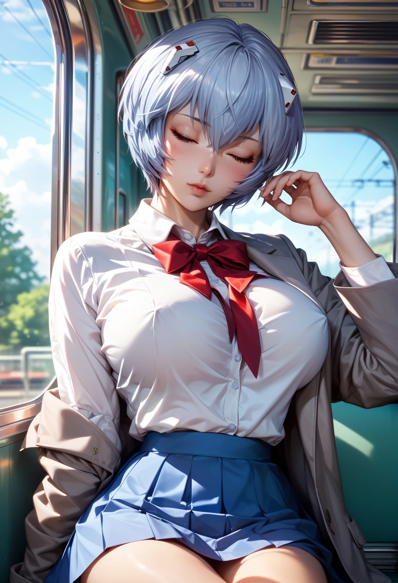 perfection、(sauce_anime, Rei Ayanami, Light blue hair,Reddish brown eyes, Short Hair,, Large Breasts)、Cool look、Professional illustrations、Cinematic lighting、Light and shadow。Detailed face、Detailed eyes。Extremely detailed depiction、(Grey jacket、White blouse、Red ribbon、skirt)、sexy、Browsing Caution、Cowboy Shot、Best Angle、(on the train、Sleeping in a train seat。Eyes closed、night)
