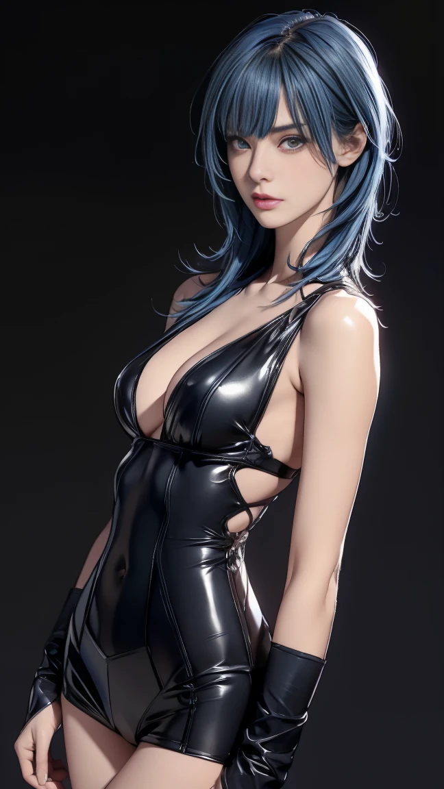 8K, Top Quality, Intricate Details, Ultra Detail, Ultra High Resolution, Masterpiece, selfie, selfie shot (selfie, selfie shot, portrait), ((close up shot, face shot, close up shot, portrait, face shot, passport shot, very close up shot, )), (full body: 1.1), Slender, Smile, (Makeup: 0.4), ((sexy pose,)), (Fluffy blue Eyes: 1.21), (()), 1girl, solo, 1 girl, ((bangs, blue hair, bangs, , bangs )), close up shot, , ((tall)), (((fit body))), (((slim face))), sharp face, ((, wind blow hair, )),skin tight suits, ((,bare shoulder, skin tight suits,) ,skin tight suits, (detailed face), sharp face, small lips, perfect hands, ((walking pose, walk pose)) , ((, ,)), , ((cleavage, ,)),, detailed face, detailed breast,, huge breast , (()), detail ass, Narrow Waist, Skinny, tall , 175 cm tall, Muscular, Navel, Exposed Abdomen, Pointed Chest,, Beautiful girl with accentuated slender abs: 1.4, Six Pack Abs: 1.4, Bust Botox, Big, Perfect Body, detail leg, (( dark background)), black background,