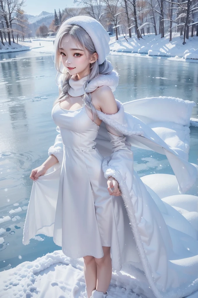 masterpiece、Highest quality、1 girl, winter, silver hair, Cute girl, smile, close mouse, large breasts, sideboob:1.4, white dress, winter clothes, long skirt, Fur coat、Small waist、Thin legs、outdoors, front of the lake, snow falling, Prayer Pose, join hands, from front