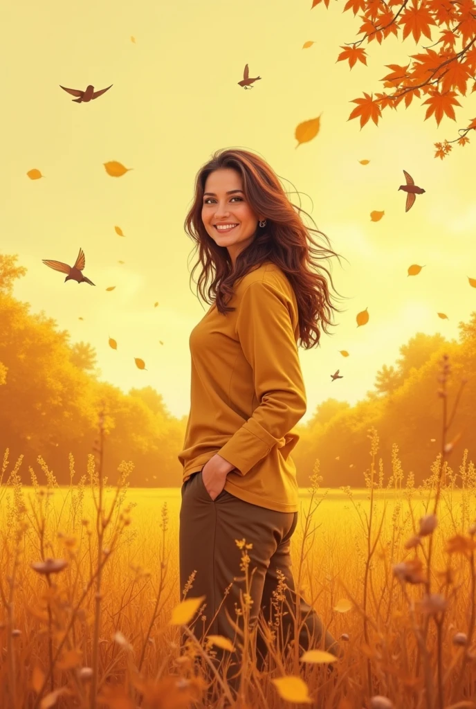 Draw a woman standing in a large autumn field., It highlights the power of her smile.. The scene is warm, Golden tones, wood々The leaves are yellow in colour, amber, and、Soft orange. She is surrounded by tall grass and vibrant fall plants, Everything reflects the golden colours of the season.. Birds fly gently around her, It enhances the sense of harmony. The woman's smile is bright, Exudes warmth, confidence, and喜び. The overall atmosphere is、It should evoke the beauty of nature., Tranquility, and、The power of a heartfelt smile, Enhanced by the rich yellow tones of the autumn landscape.