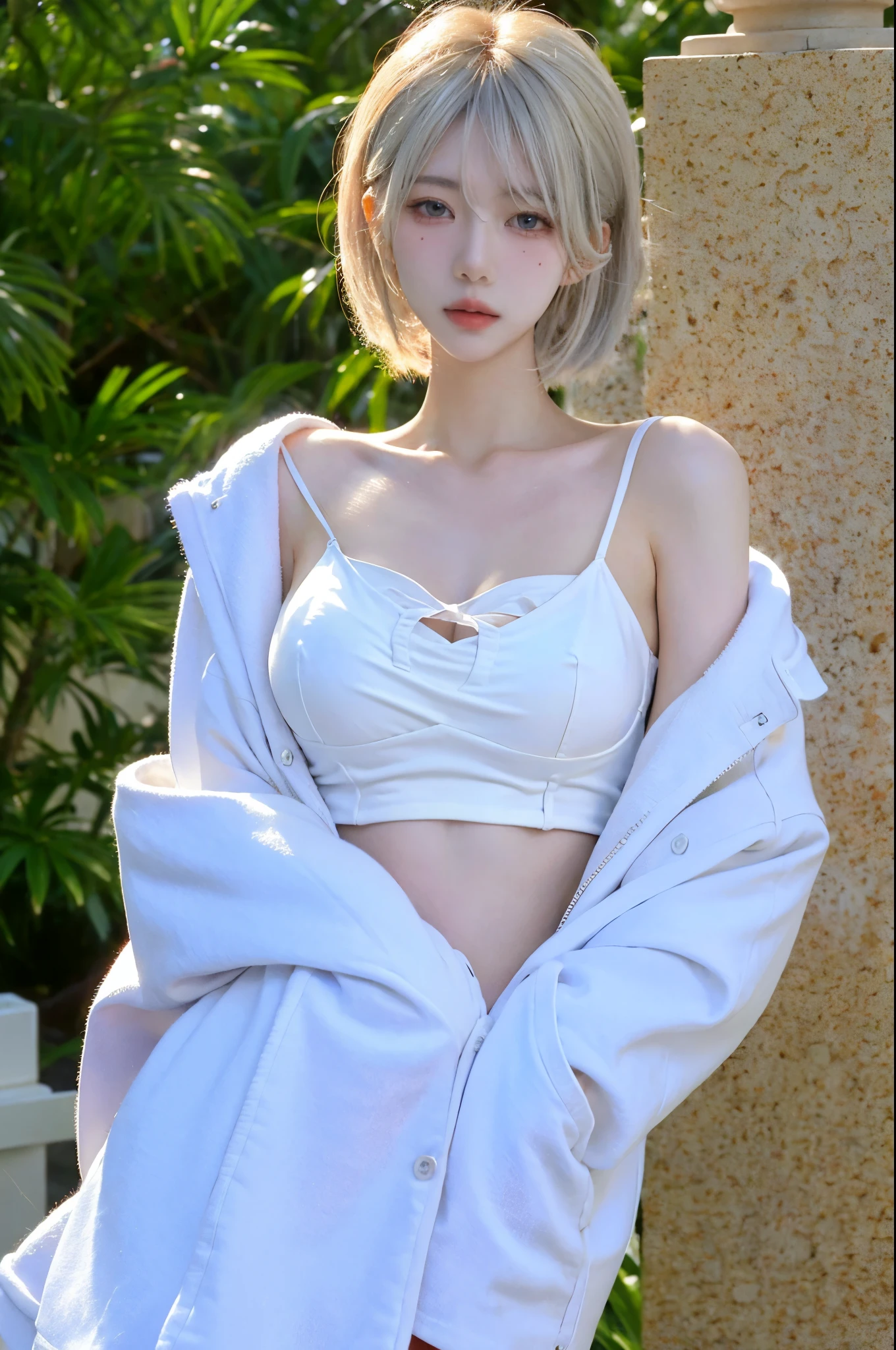 Beautiful woman with perfect figure:1.4，Sun background，ID photo，Layered hairstyle，White skin，Cleavage highlights，Nurse Clothing，whole body，The face and skin are very delicate.，Double eyelids,Skin Whitening，White hair
