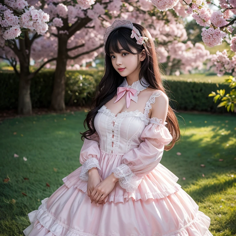 Side view,side angle, Bow tie at the back of the waist, There is a bow on the back,Sideways photo, Skirt length to calf, cupcake dress, Layered skirt with lace on each layer, Put on a lolita dress, layered dress, Pink Lolita dress, lots of lace, Long sleeve, Wide sleeves, Big Skirt, Layered lace skirt, Lace skirt,Puff sleeves, Wide sleeves, Transparent sleeves, intricate details showcase the ruffles and intricate designs of the Lolita dress, Wearing a lolita dress, in a sea of flowers, best quality, Delicate face,beautiful visual work, lifelike, eternity, black hair, Long curly hair, blunt bangs, Smile, Detailed Background, Delicate face,blush,cold,((masterpiece))、(top quality)、8k、high detail、Super detailed,41 years old,woman, masterpiece、born、Scenes resembling fairy tale illustrations、intricate details和複雜的設計、Beautifully、magic、capricious、 Beautifully、Dream aesthetics、「𝓡𝓸𝓶𝓪𝓷𝓽𝓲𝓬、ethereal、charming、fickle、magic」、realism、Visual effects、FXAA、SSAO、Shader、voiceless、ambient lighting、Tone mapping、High resolution、Ultra high quality、Million pixels、(8K resolution:1.10)、8k、8k以下、8K resolution、high detail、intricate details, (high quality:1.2、masterpiece:1.2、:1.21)、(41 years old,woman:1.21)、(興奮地Smile)、(Surrounded by a dreamy atmosphere、Model diagram,full-body shot,Normal 2 feet,Put your hands behind your back,Breast protrusion visible when wearing clothes, Large Breasts, H cup chest, pink dress, Don't show your fingers, full-body shot, full-body shot,full-body shot,full-body shot,full-body shot,full-body shot,full-body shot,full-body shot,Hands hidden in clothes, Hands hidden in clothes,Hands hidden in clothes,Hands hidden in clothes,Hands hidden in clothes,Hands hidden in clothes,Hands hidden in clothes,Hands hidden in clothes,Hands hidden in clothes, ,Hide your hands in your sleeves ,Hide your hands in your sleeves ,Hide your hands in your sleeves ,Hide your hands in your sleeves ,Hide your hands in your sleeves ,Hide your hands in your sleeves ,Hide your hands in your sleeves ,Hide your hands in your sleeves,skirt length to calf, full body photo,full body view,side view