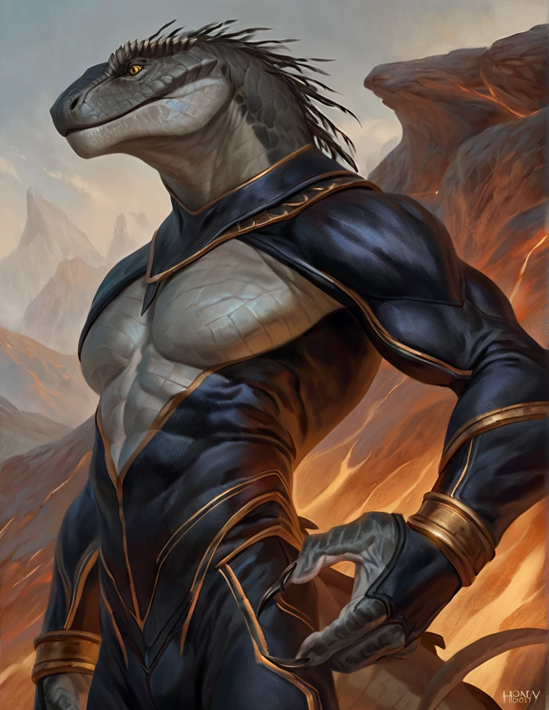 a ferocious male lizardfolk druid, muscular detailed body, gray color body, yellow eyes, masculine pose, tall topless, magic bodysuit, comic book style, best quality, 4k, ultra-detailed, realistic, by laobai, by taran fiddler, by honovy