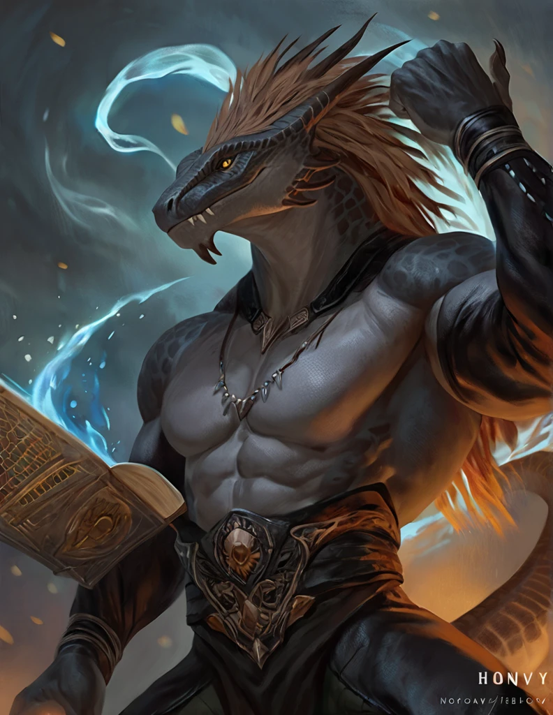 a ferocious male lizardfolk druid, muscular detailed body, gray color body, yellow eyes, masculine pose, tall topless, magic bodysuit, comic book style, best quality, 4k, ultra-detailed, realistic, by laobai, by taran fiddler, by honovy