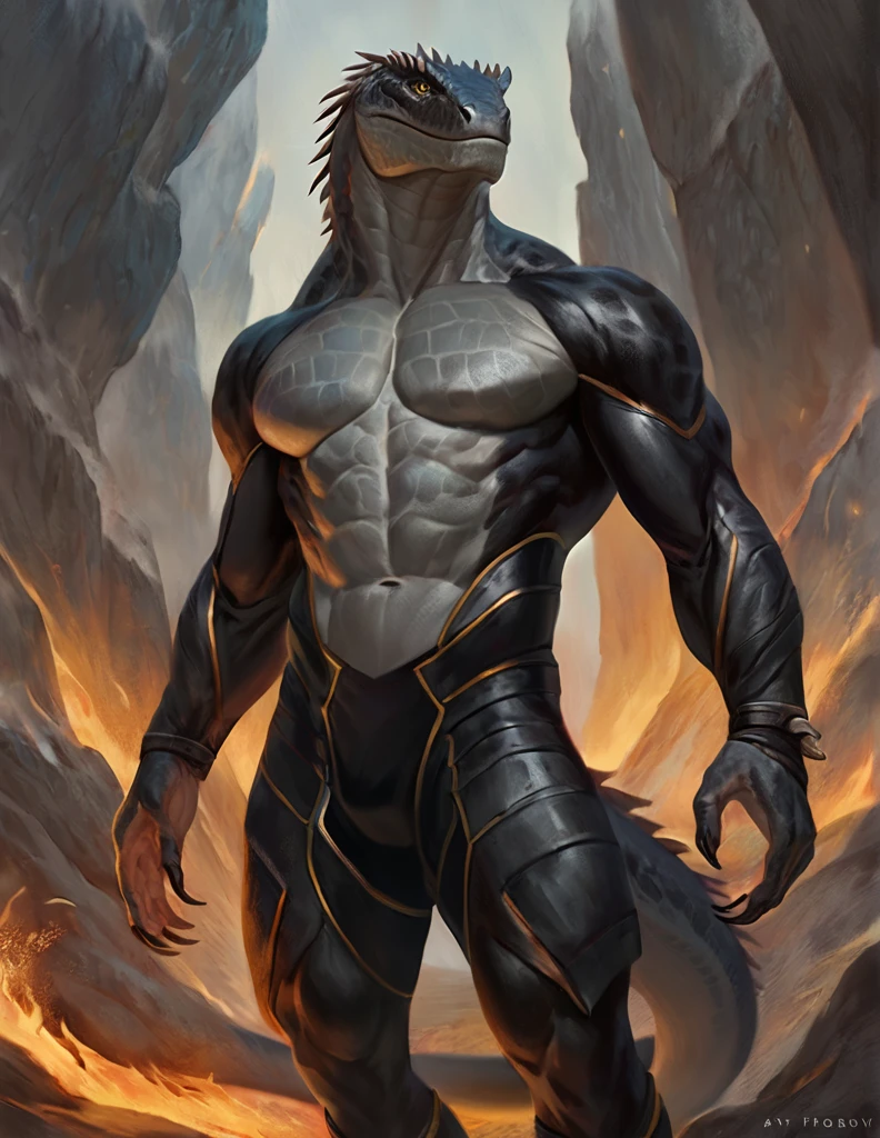 a ferocious male lizardfolk druid, muscular detailed body, gray color body, yellow eyes, masculine pose, tall topless, magic bodysuit, comic book style, best quality, 4k, ultra-detailed, realistic, by laobai, by taran fiddler, by honovy