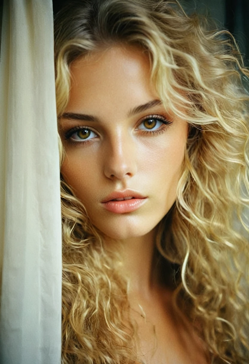CRU photo, beautiful brown eyes, blonde with wavy hair, macro photo, work of art, peeking behind the curtains, colorful details, awardwinning, highy detailed, 8k, natural lighting, analog film, skin detailed, amazing composition, details Intricate, underground dispersal, veiled hair, amazing textures, cinematographic, Bright dark, smooth light, 21 years old, close up of the upper body and face