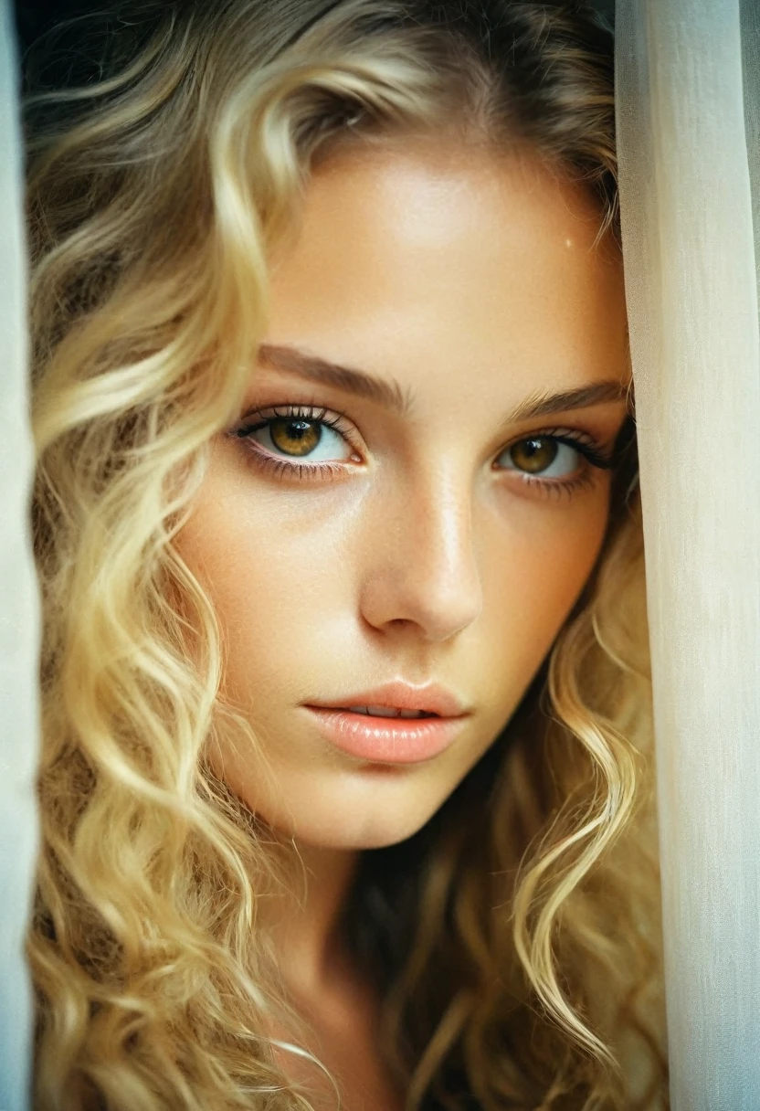 CRU photo, beautiful brown eyes, blonde with wavy hair, macro photo, work of art, peeking behind the curtains, colorful details, awardwinning, highy detailed, 8k, natural lighting, analog film, skin detailed, amazing composition, details Intricate, underground dispersal, veiled hair, amazing textures, cinematographic, Bright dark, smooth light, 21 years old, close up of the upper body and face