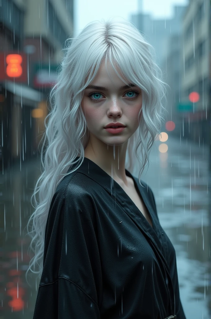 Generate a 23-year-old girl with white hair, blue eyes and is under a rainy day