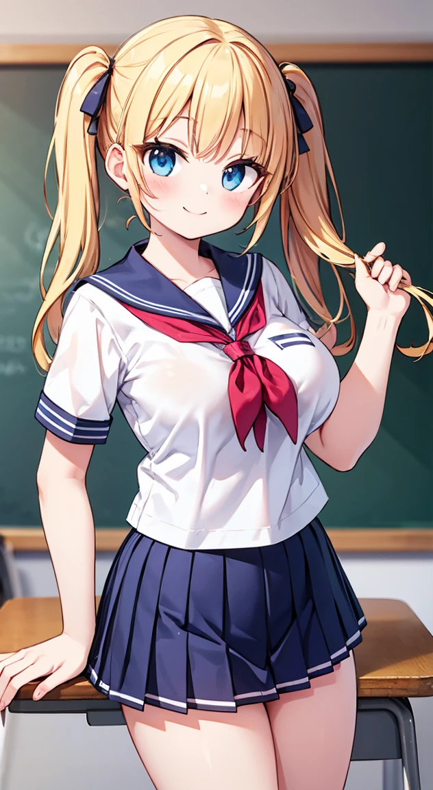 Highest quality,masterpiece,One person,Blonde,Twin tails,Schoolgirl uniform,Short sleeve,mini skirt,Large Breasts,smile,classroom,Sheer bra,