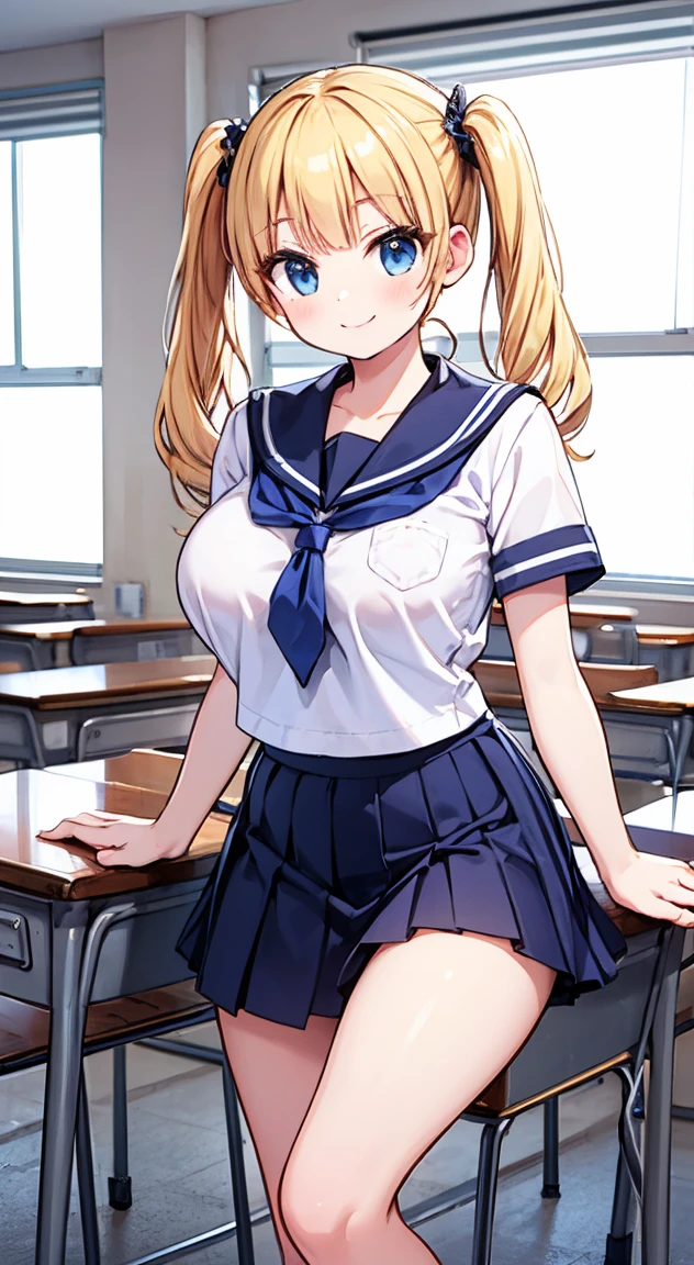 Highest quality,masterpiece,One person,Blonde,Twin tails,Schoolgirl uniform,Short sleeve,mini skirt,Large Breasts,smile,classroom,Sheer bra,