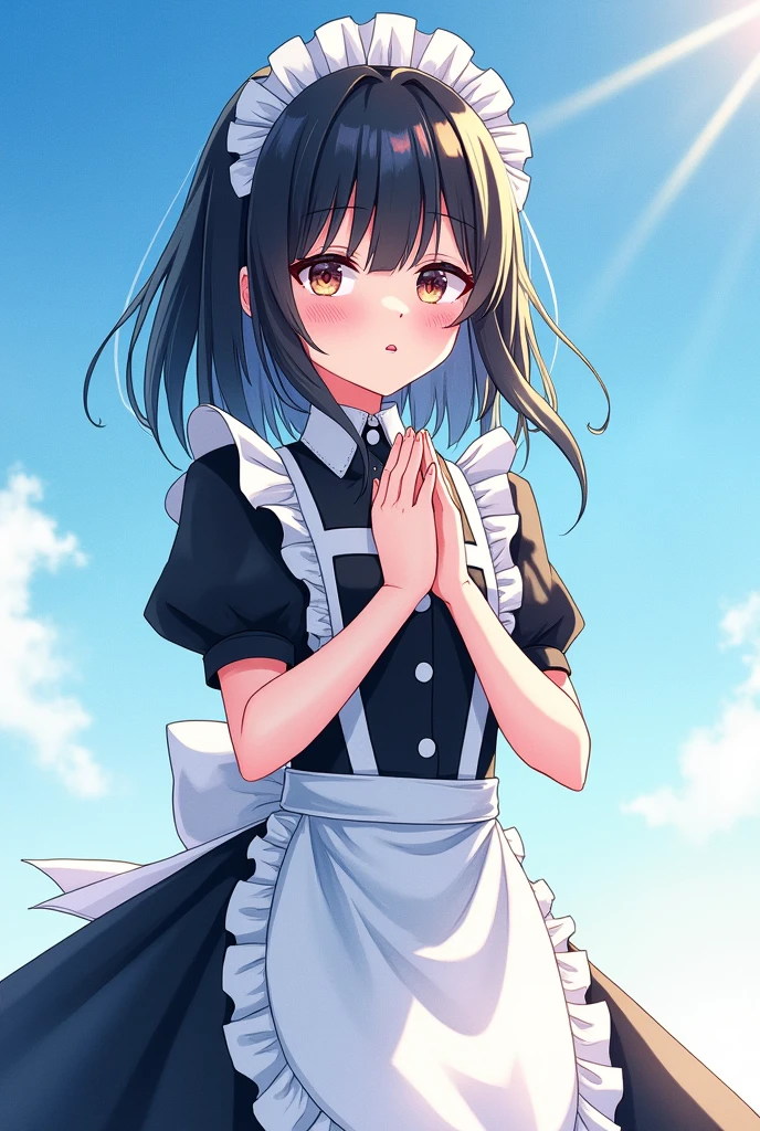 Delicate and elegant watercolors, ultra-precision illustrations, high definition, dynamic angles, beautiful details, 8k, beautiful and cute maid illustrations. She has been punished and apologized.She is apologizing, She is dressed in black gotholori-style maid clothes. The sunlight is shining on her, she has straight black hair. Made clothes that look very cute and attractive, delicate and carefully drawn illustrations. The background is blue sky and watercolor, with artistic and contemporary illustrations.