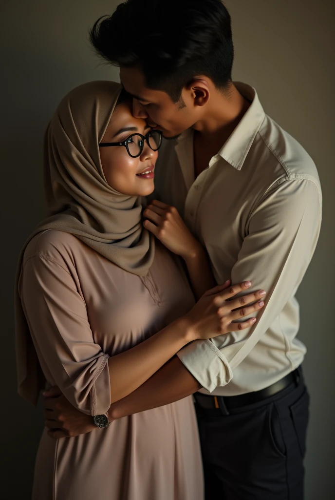 Wide top view,((best quality)), ((masterpiece)), (detailed), perfect face, malay woman wearing hijab, glasses, 38 years, a Man 29 year, women naked,(toplezs, nude), (Droopiest Breast)), (realistic skin texture), POV shot, anatomical correction, realistic titjob positioning,((Realistic Ultra vagina)), anatomical correction, Capture the essence of romance and nostalgia as they stand together, man kissing woman shoulder, man hugging woman from behind, man grabbing woman breast from behind, facing camera,ultra detail, professional photograph with professional lighting, smile, slim,real,