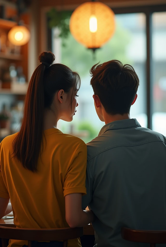 A backside view of a man and a woman sitting in a coffee shop. The woman is wearing a yellow top and her hair is tied up in a ponytail style. a little bit space for typing a story