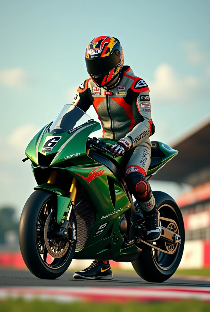 ((best quality)), ((masterpiece)), (detailed), 1man, superbikes rider sitting and leans on his bike, wearing racer wearpack, ninja motorcycle type 150R 2strokes(green metalic), low angle camera, nike sneakers, race helmet motif, red white corner line, green grass, podium and billboard, realistics and detailed vision.