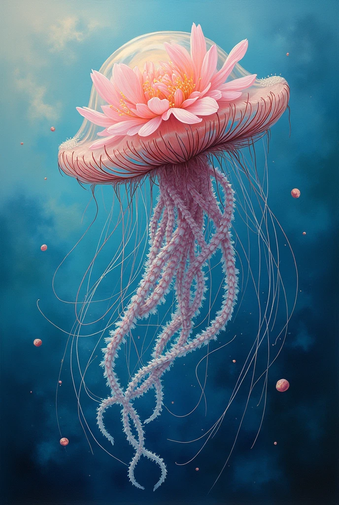 There is a painting of a jellyfish with a flower on it, inspired by Ernst Haeckel, flowing tendrils, Alberto Seveso and Dan McCaw, inspired by Alberto Seveso, anatomical fractal, inspired by Hans Bellmer, visibly nervous , Nerv , Nerves, inspired by Ernst Haeckel, blue and pink color