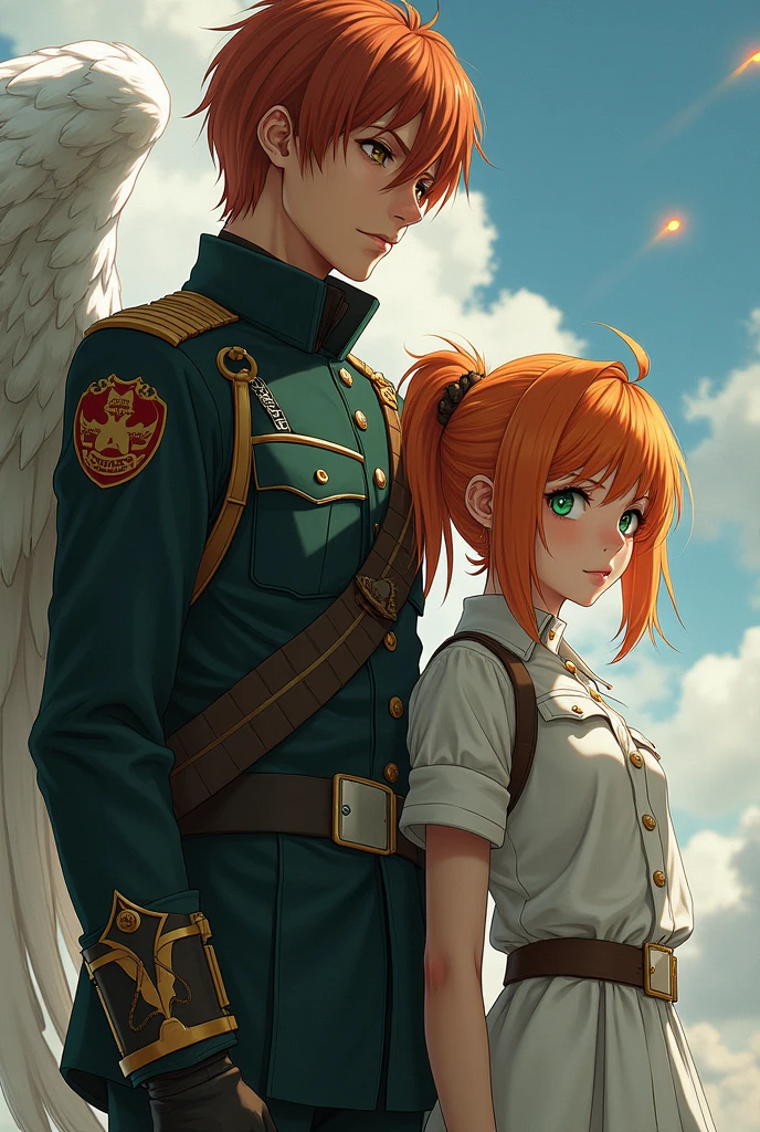 Levi Ackerman and next to him a beautiful girl with short orange hair gathered in a small ponytail, with green eyes and angel wings