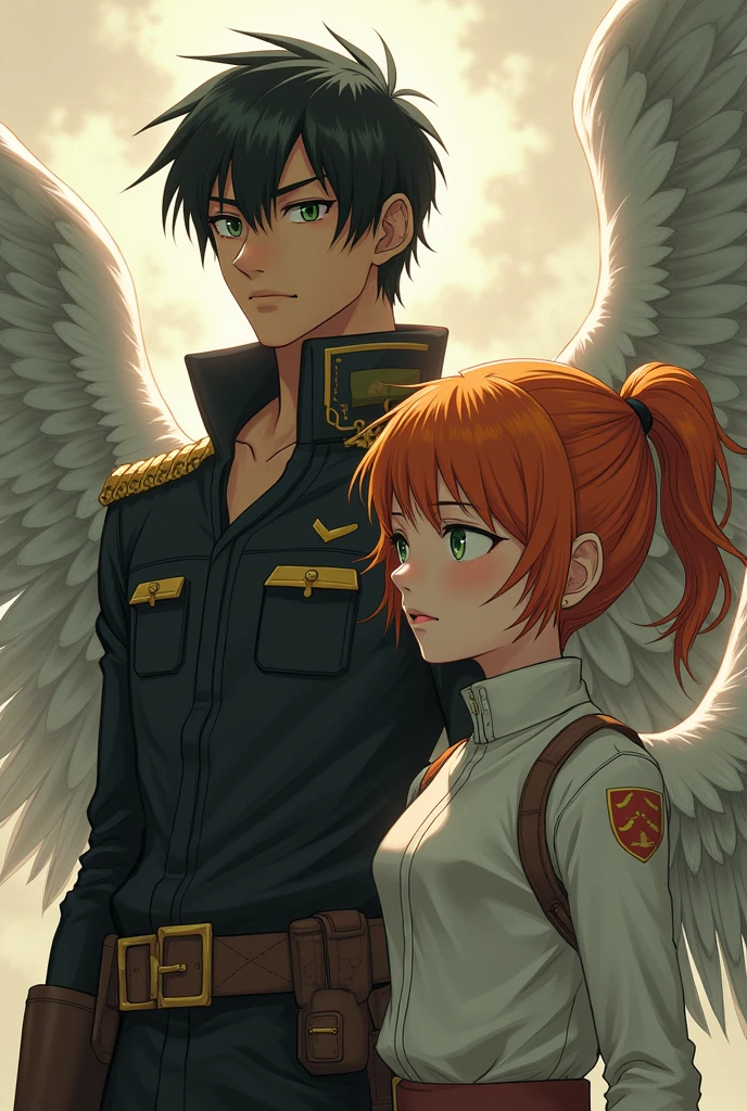 Levi Ackerman and next to him a beautiful girl with short orange hair gathered in a small ponytail, with green eyes and angel wings