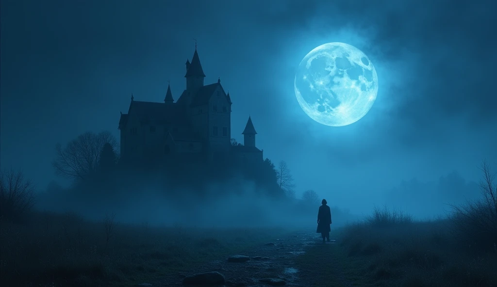 Mysterious Fog, light particles, old castle, blue moon, death, 
