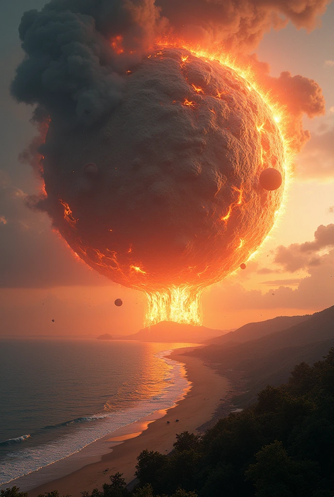 ((scientific credibility)), a massive asteroid impact on a Earth planet, the asteroid falls at an angle of 70 degrees, asteroid burns as it enters earth's atmosphere, asteroid smoke trail, apocalyptic and dramatic sci-fi scene, highly detailed, cinematic, dramatic lighting, volumetric clouds, debris field, fiery explosion, cinematic camera angle, concept art style, muted color palette, photorealistic, 8k, best quality, beach, forest