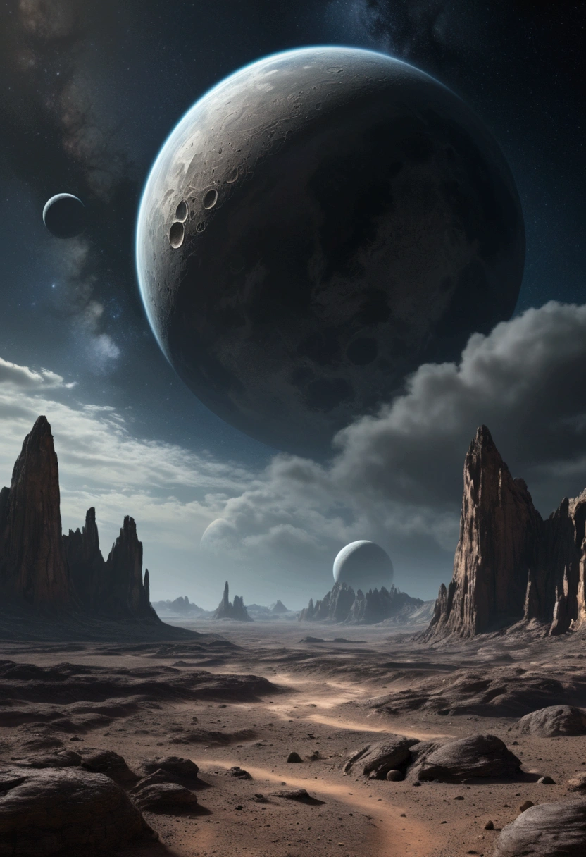 a desolate landscape of a distant alien planet, two moons in the sky, a barren rocky terrain, swirling clouds in the atmosphere, (best quality,4k,8k,highres,masterpiece:1.2),ultra-detailed,(realistic,photorealistic,photo-realistic:1.37),dramatic lighting, moody color tones, muted palette, cinematic composition, sci-fi, concept art