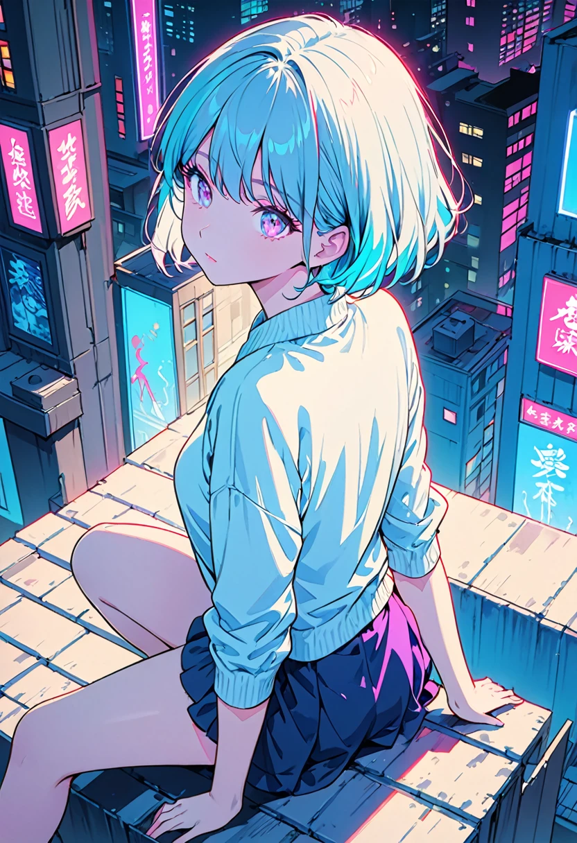 masterpiece,Highest quality,1 Synthwave style girl,Blue outline,Neon lit street,Blue fluorescent paint,alone,From above,Cowboy Shot,Sitting on the roof of a building,Highly detailed CG,Flat Color,Limited edition palette,No Line Art,silhouette,Partially colored,Alternative color,Dynamic Angle,Blue long top champagne,Purple Shadow,Synthwave,chromatic aberration,(alone focus),Perfect Shadow,Completely ?????,Delicate face,,Beautiful and delicate eyes,Light blue hair,Short Bob Hair,Delicate background,Blue Neon Light,