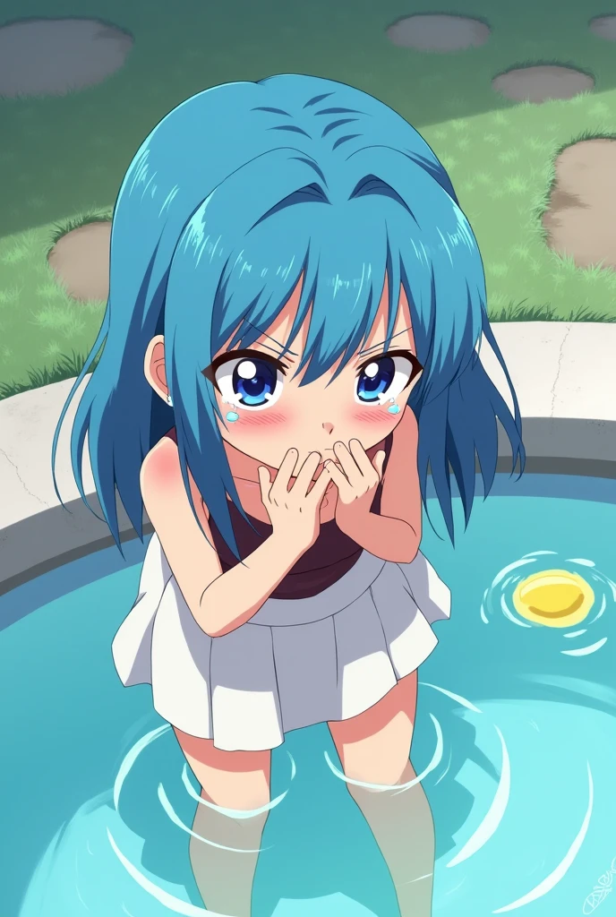 Peeing self, Have to pee, Anime, looking at camera, embarrassed, blush, peeing, yellow pee, tears, crying, out of breath, sweating, blue eyes, cyan hair, one girl, Eirika fe, white skirt, a spot of yellow urine in the pool
