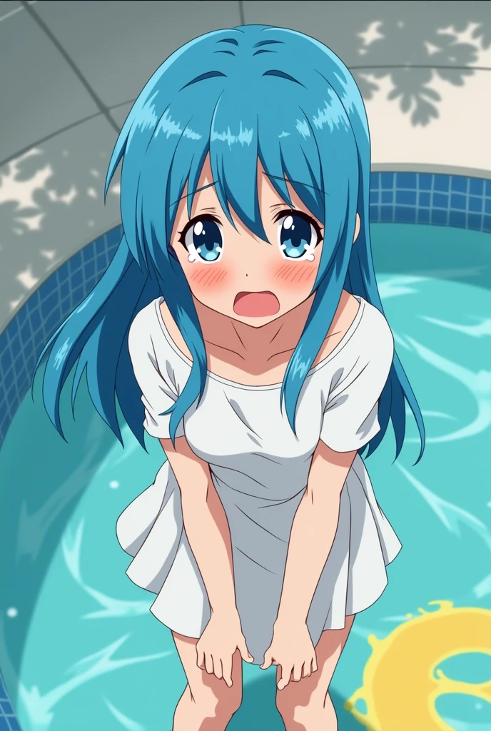 Peeing self, Have to pee, Anime, looking at camera, embarrassed, blush, peeing, yellow pee, tears, crying, out of breath, sweating, blue eyes, cyan hair, one girl, Eirika fe, white skirt, a spot of yellow urine in the pool