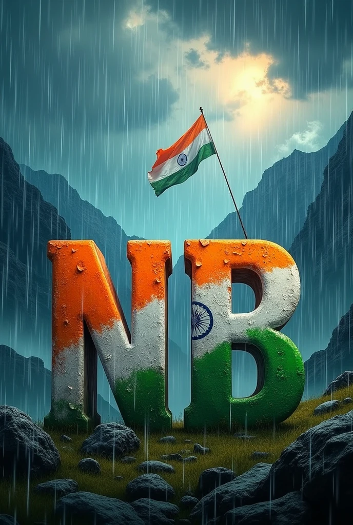 rounded Template, Indian flag colored "N B Shankar" letters, falls, mountains, rain fall, thundering, Flying Indian Flag