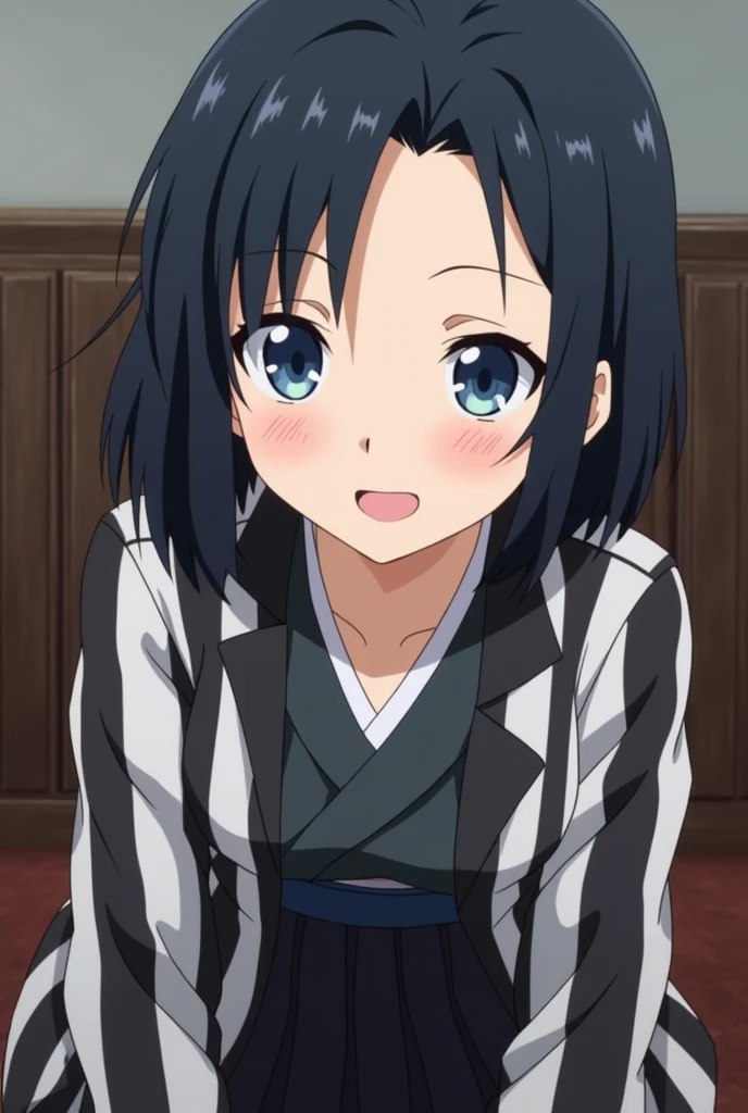 Demon Slayer anime screenshot, black hair color, short hair, strong blue eyes,
slanted eyes with eyelashes, mole under right eye, light pink lips, wears a Demon Slayer Corps uniform,a black skirt and a black and white striped Haori, expression on her face smiling, front angle, She is sitting