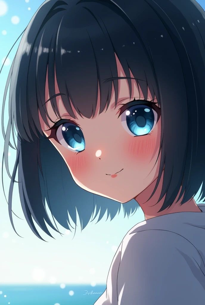 A girl with short black hair, sky blue eyes and a facial expression that expresses tranquility art anime style