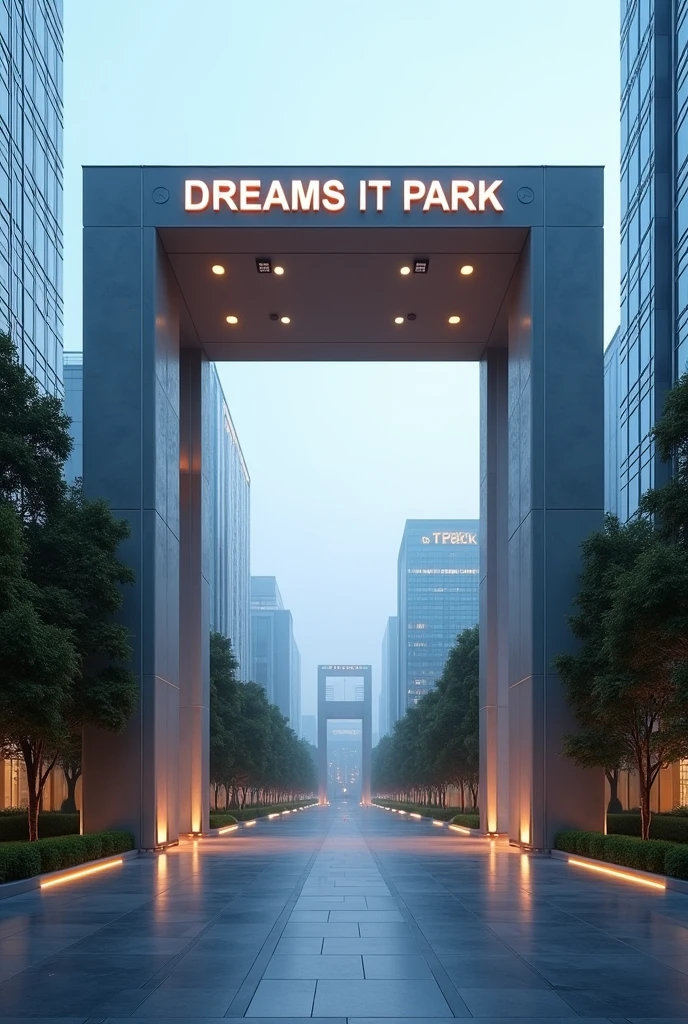 A corporate gate, with ' Dreams IT Park ' written big on the front