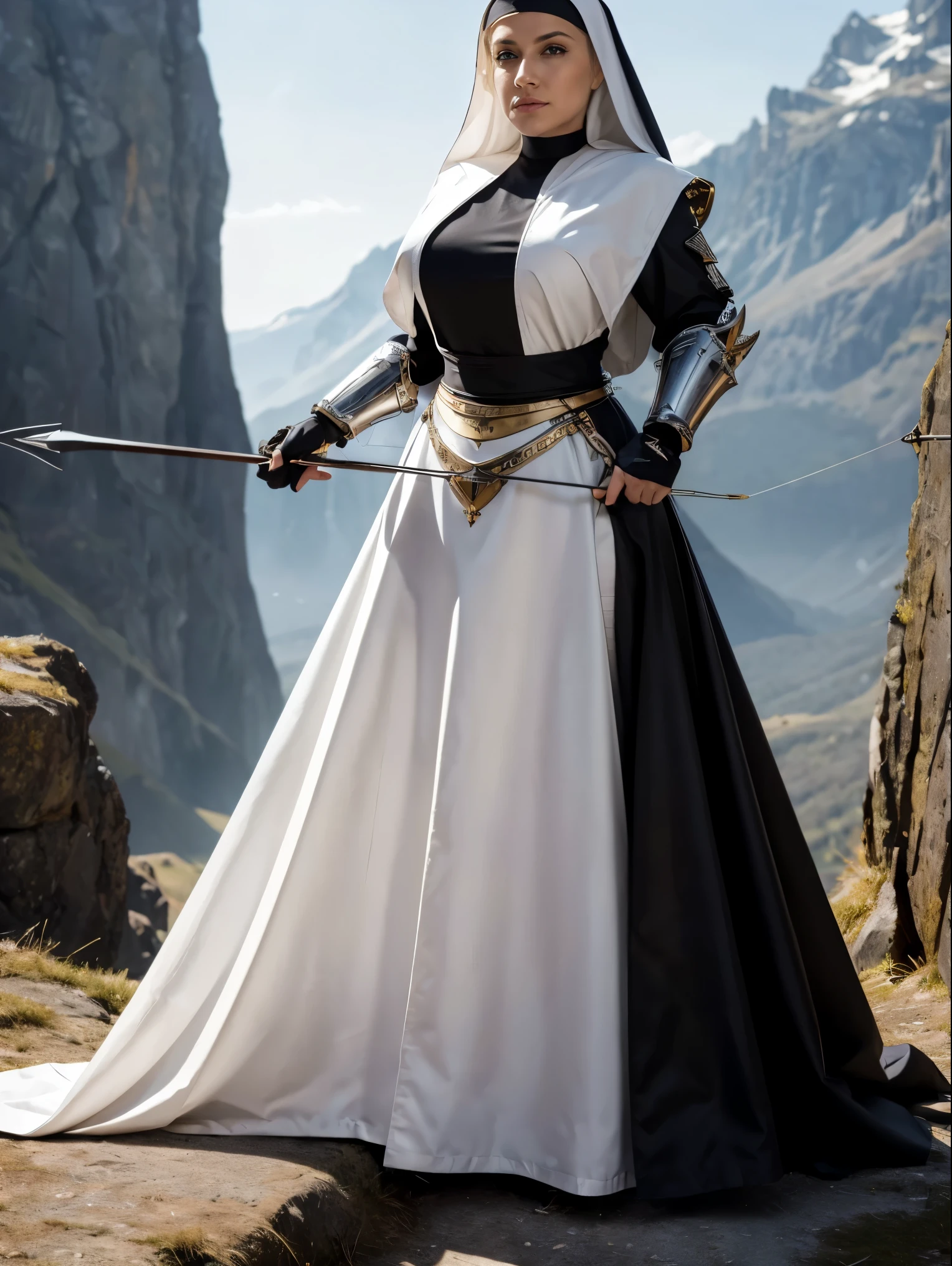 (masterpiece, top quality, best quality, official art, beautiful and aesthetic:1.2), (1girl:1.3), ((Sharp facial features, sharp features, hawkish features)), ((grey eyes)), busty paladin knight girl, extremely detailed, portrait, looking at viewer, solo, (full body:0.6), detailed background, full-body shot, (cold mountain nighttime glacier theme:1.1), holy knight, (nun), charlatan, smirk, mysterious, swaying in mountains, armor, polished metal, gold trim, long boots, white fabric, pelvic curtain, robe, pale leather, ((((nun, crossbow, heavy armor, armored, long legs, robes, prayer scrolls, toned, muscular)))), slim waist, slim hips, long legs, medieval (mountain exterior:1.1) background, dark mysterious lighting, shadows, magical atmosphere, dutch angle