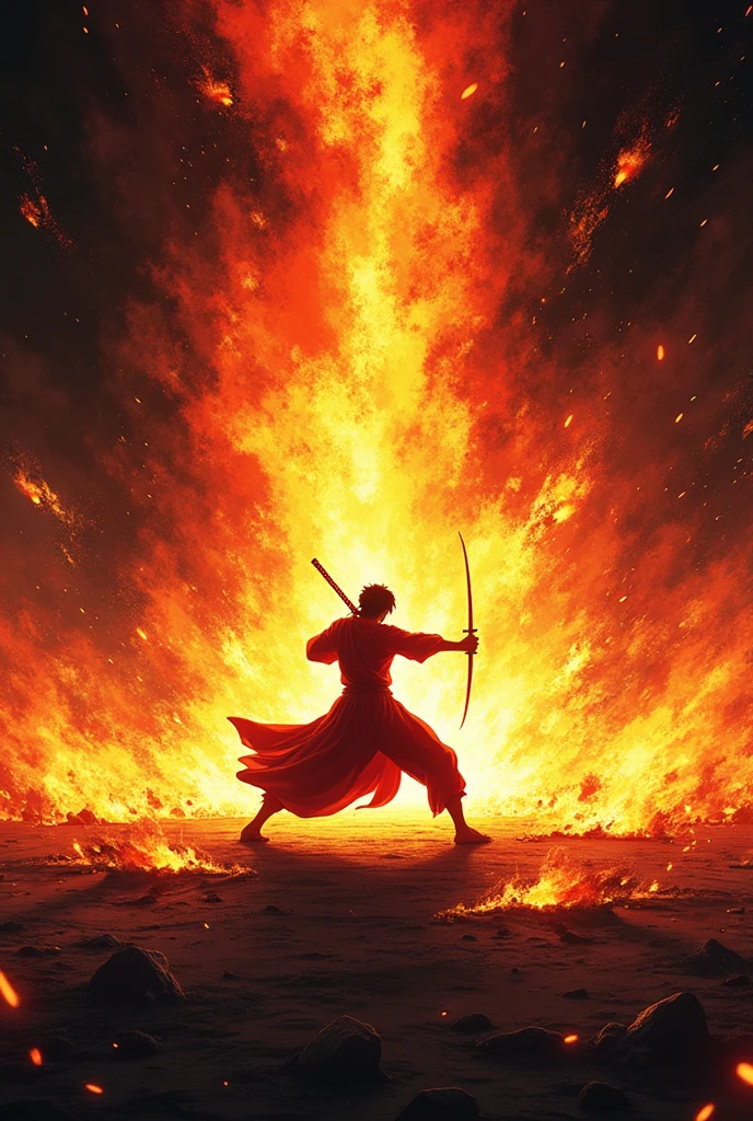 ((Best Quality)), ((masterpiece)), ((detailed)), ((High Definition)), an aura of blazing sword cuts in anime style, to-do color fire, with the black silhouette of a simple person in the center, dynamic movement, fighting pose, Dance of the Purgatory Sword. With a black background.