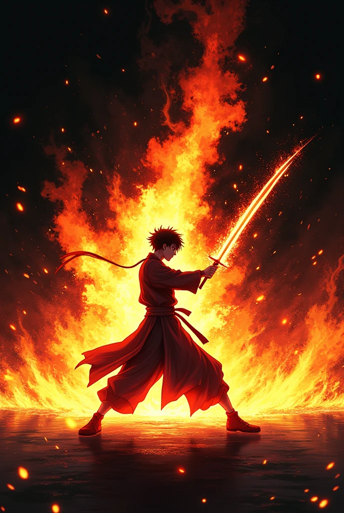 ((Best Quality)), ((masterpiece)), ((detailed)), ((High Definition)), an aura of blazing sword cuts in anime style, to-do color fire, with the black silhouette of a simple person in the center, dynamic movement, fighting pose, Dance of the Purgatory Sword. With a black background.