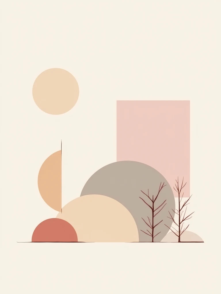 "Minimalist geometric shapes, abstract patterns, soft pastel colors, muted tones, clean lines, digital art