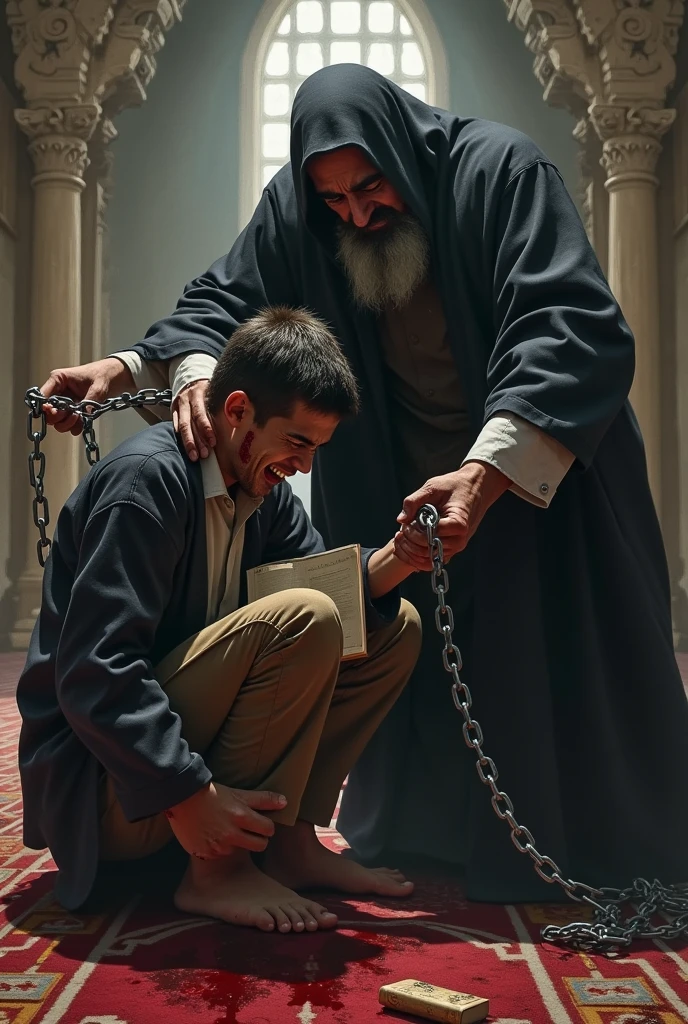 Amullah stay in mosque, there is a son sitting in front of him which chained up, also the son held abook and he is reading, the mullah beating the son with the end of chain, there is a blood dripping from the head of the son , and he struggling to stop the blood, son's hand is on his forehead, also the son is crying.