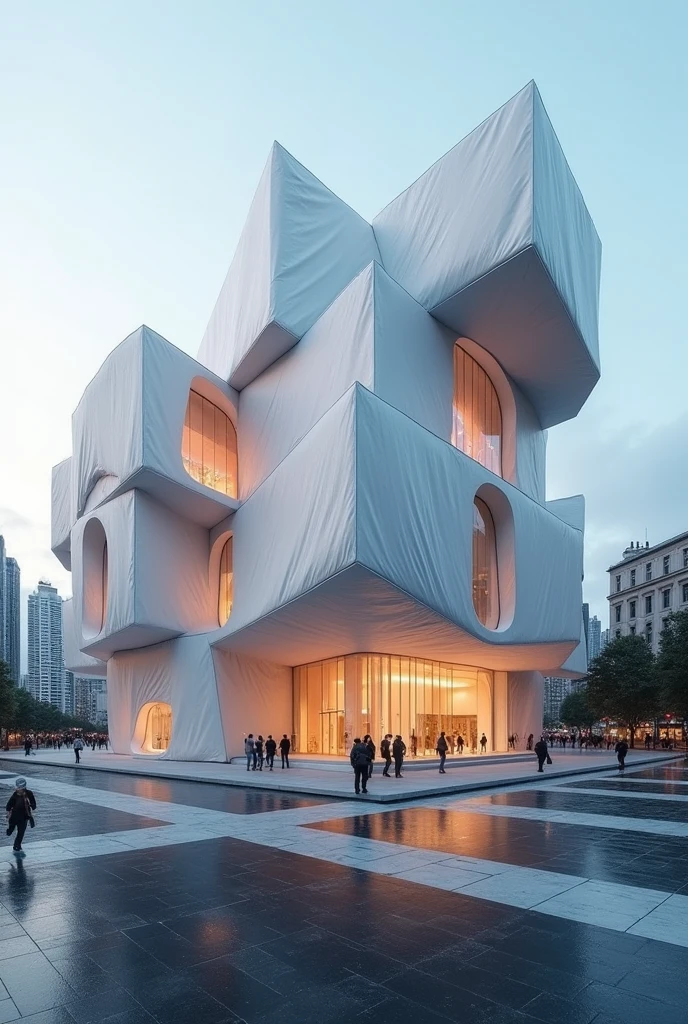 a stunning and highly detailed hybrid MODERN DECONSTRUCTIVE ARCHITECTURE FOR A MUSEUM, COVERED WITH A TRANSLUCENT FABRIC, masterpiece, volumetric lighting, dramatic shadows, professional photograph, high resolution, stunning composition, IN THE MIDDLE OF A COSMOPOLITAN CITY