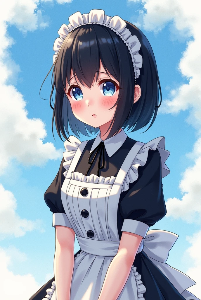 Delicate and elegant watercolors, ultra-precision illustrations, high definition, dynamic angles, beautiful details, 8k, beautiful and cute maid illustrations. She has been punished and apologized.She is apologizing, She is dressed in black gotholori-style maid clothes. The sunlight is shining on her, she has straight black hair. Made clothes that look very cute and attractive, delicate and carefully drawn illustrations. The background is blue sky and watercolor, with artistic and contemporary illustrations.